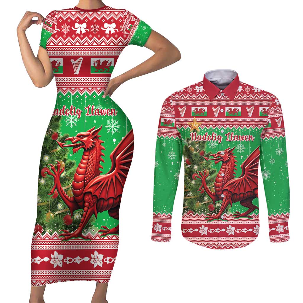 Wales Christmas Couples Matching Short Sleeve Bodycon Dress and Long Sleeve Button Shirt Welsh Dragon Nadolig Llawen - Wonder Print Shop