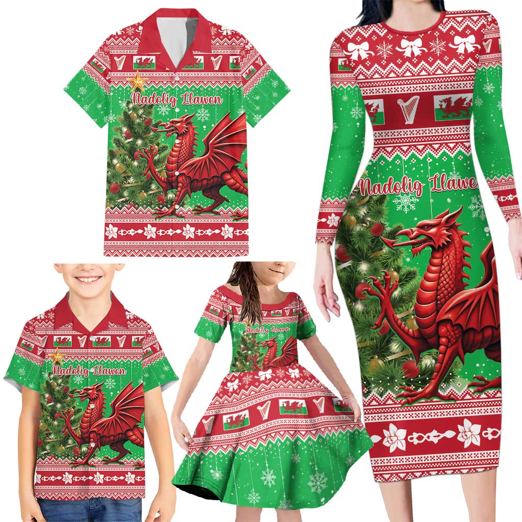 Wales Christmas Family Matching Long Sleeve Bodycon Dress and Hawaiian Shirt Welsh Dragon Nadolig Llawen - Wonder Print Shop