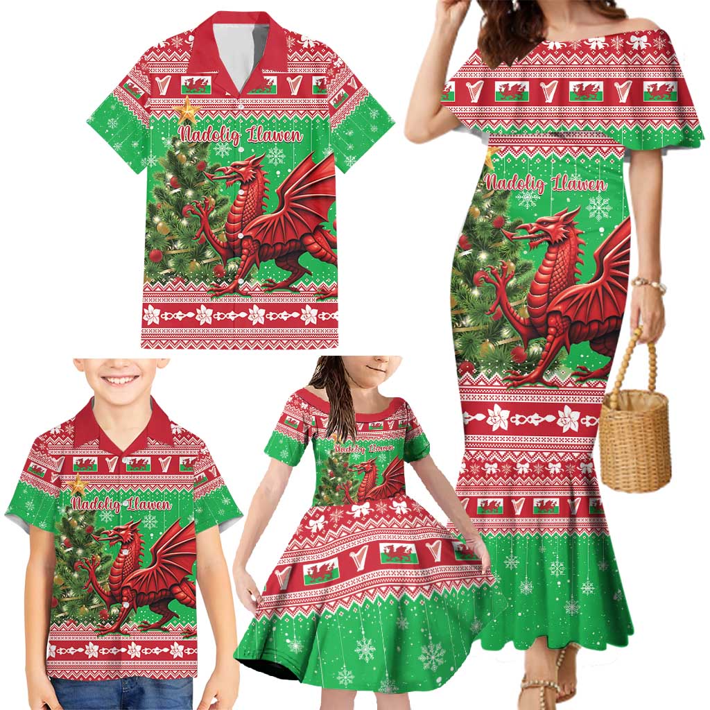 Wales Christmas Family Matching Mermaid Dress and Hawaiian Shirt Welsh Dragon Nadolig Llawen - Wonder Print Shop