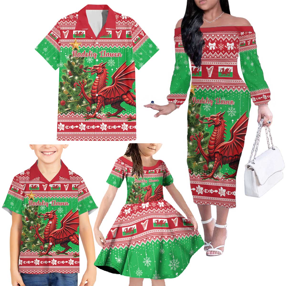 Wales Christmas Family Matching Off The Shoulder Long Sleeve Dress and Hawaiian Shirt Welsh Dragon Nadolig Llawen - Wonder Print Shop