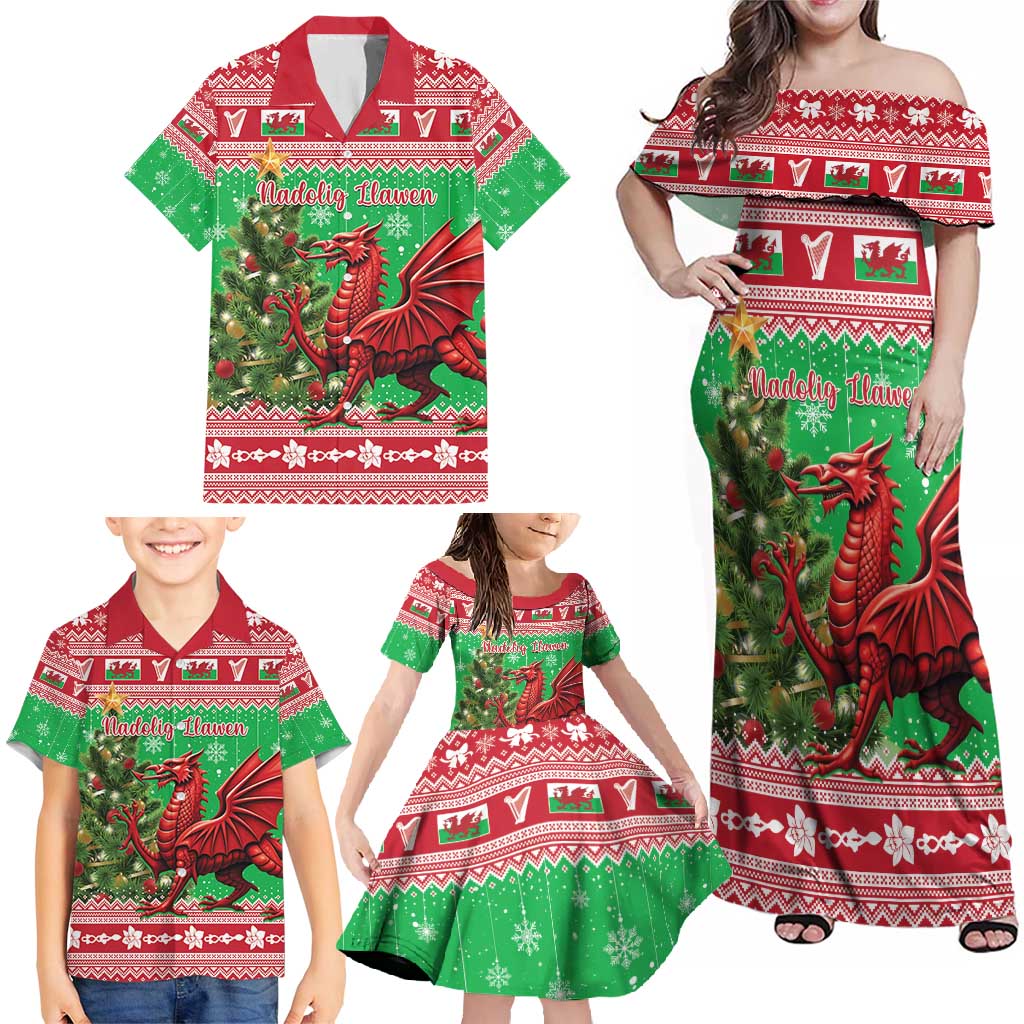 Wales Christmas Family Matching Off Shoulder Maxi Dress and Hawaiian Shirt Welsh Dragon Nadolig Llawen - Wonder Print Shop