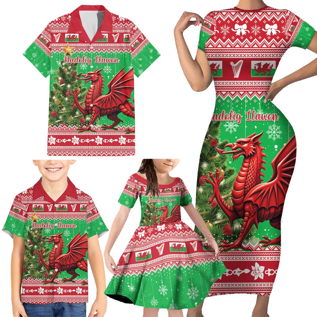 Wales Christmas Family Matching Short Sleeve Bodycon Dress and Hawaiian Shirt Welsh Dragon Nadolig Llawen - Wonder Print Shop