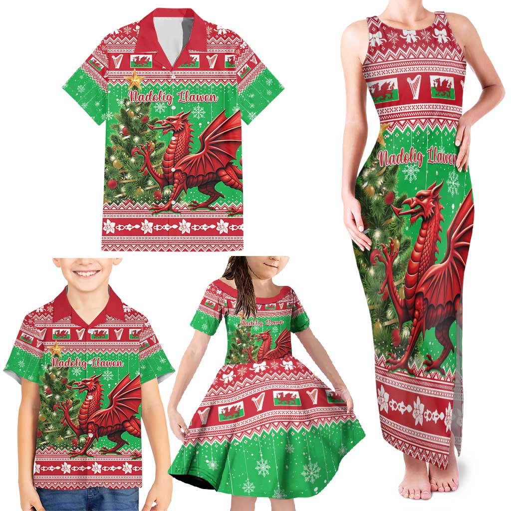 Wales Christmas Family Matching Tank Maxi Dress and Hawaiian Shirt Welsh Dragon Nadolig Llawen - Wonder Print Shop