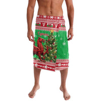 Green Christmas lavalava with red-and-white Nordic trim and Welsh dragon graphic