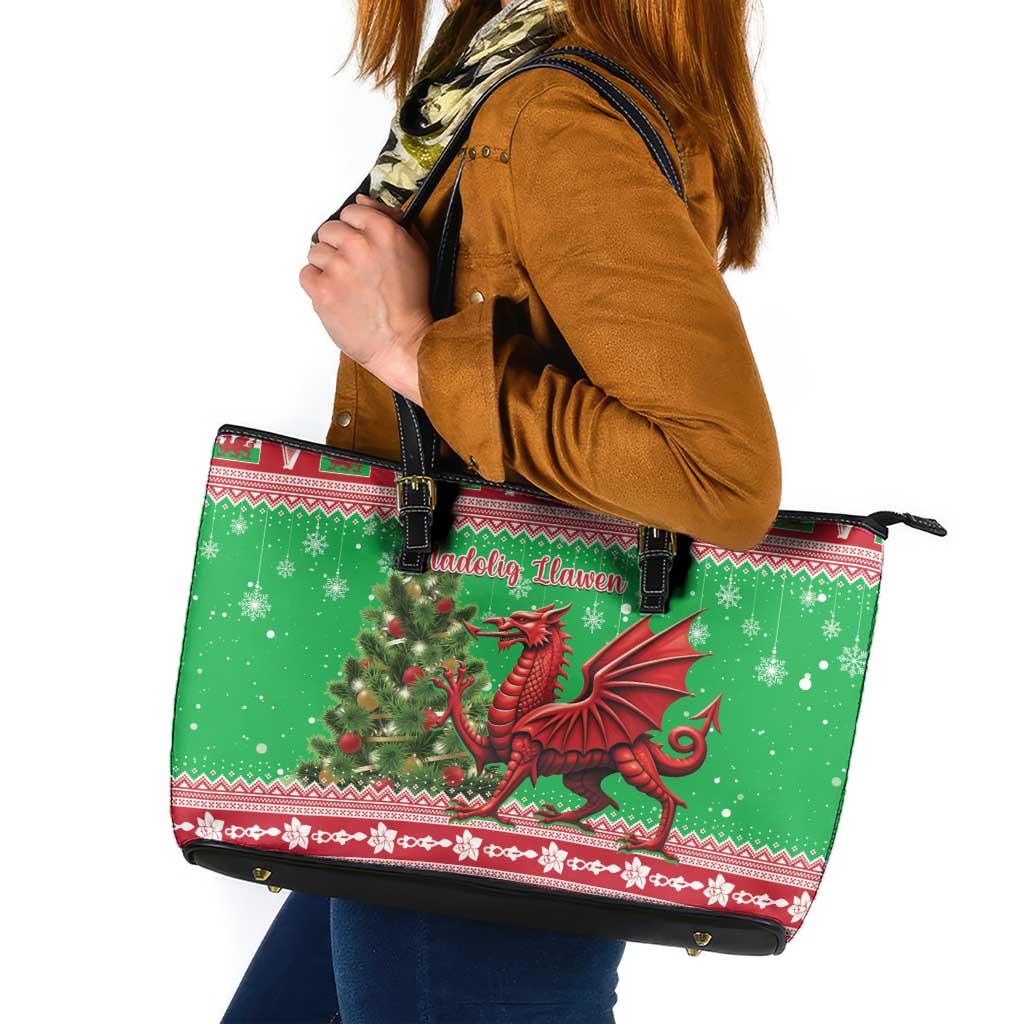 Wales Christmas Leather Tote Bag Welsh Dragon Nadolig Llawen - Wonder Print Shop