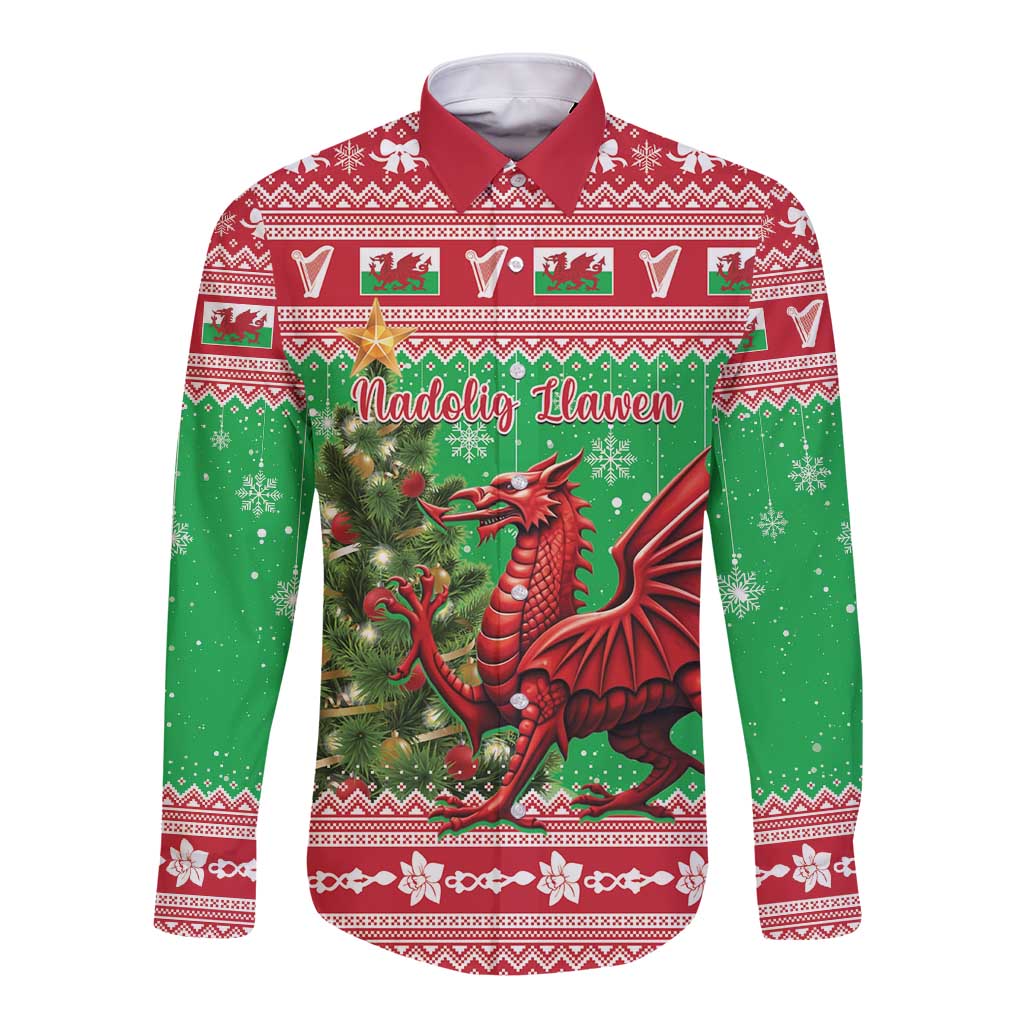 Green long-sleeve button shirt with red festive Welsh dragon and holiday pattern