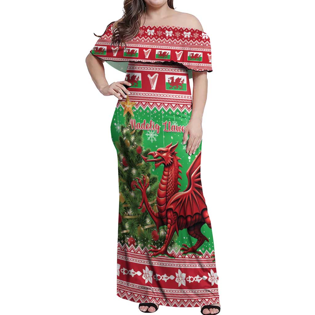 Wales Christmas Off Shoulder Maxi Dress Welsh Dragon Nadolig Llawen - Wonder Print Shop