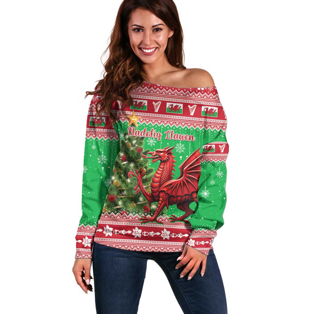 Wales Christmas Off Shoulder Sweater Welsh Dragon Nadolig Llawen - Wonder Print Shop