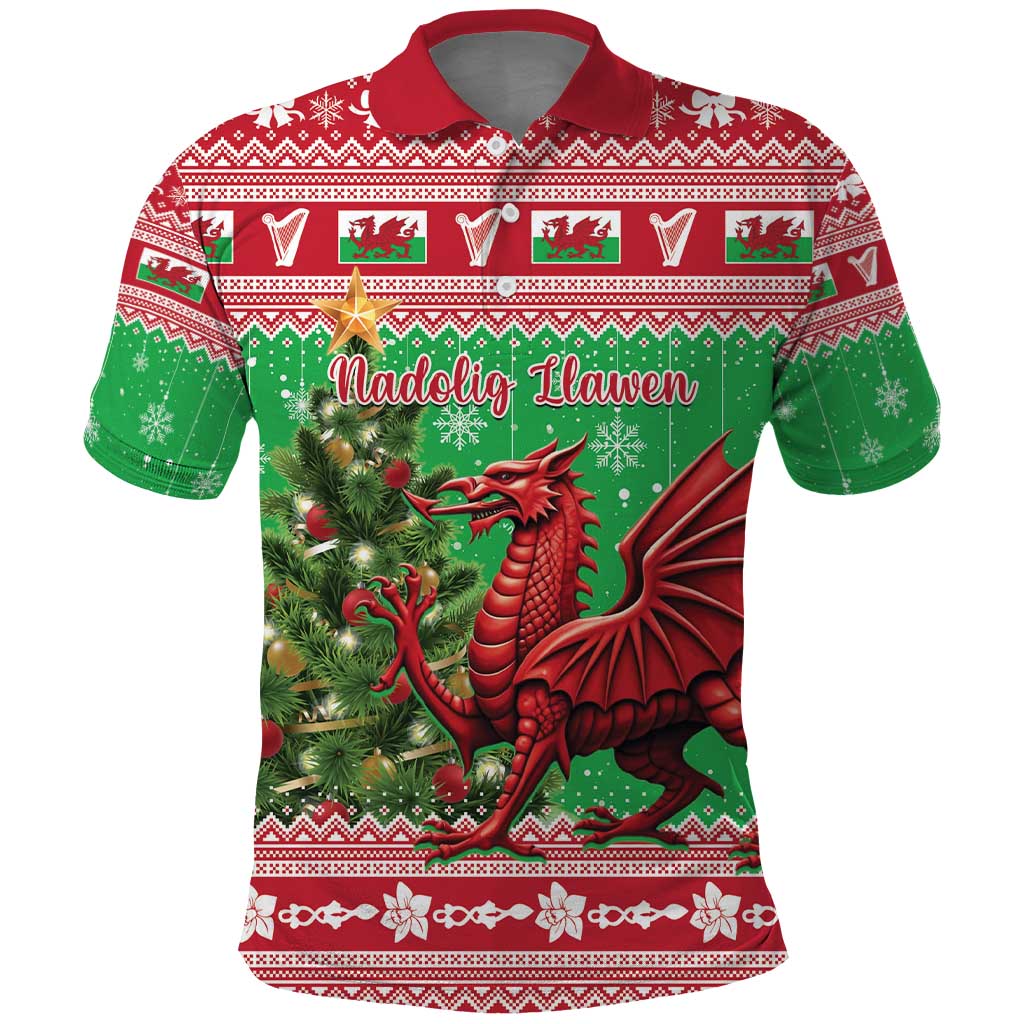 Wales Christmas Polo Shirt Welsh Dragon Nadolig Llawen