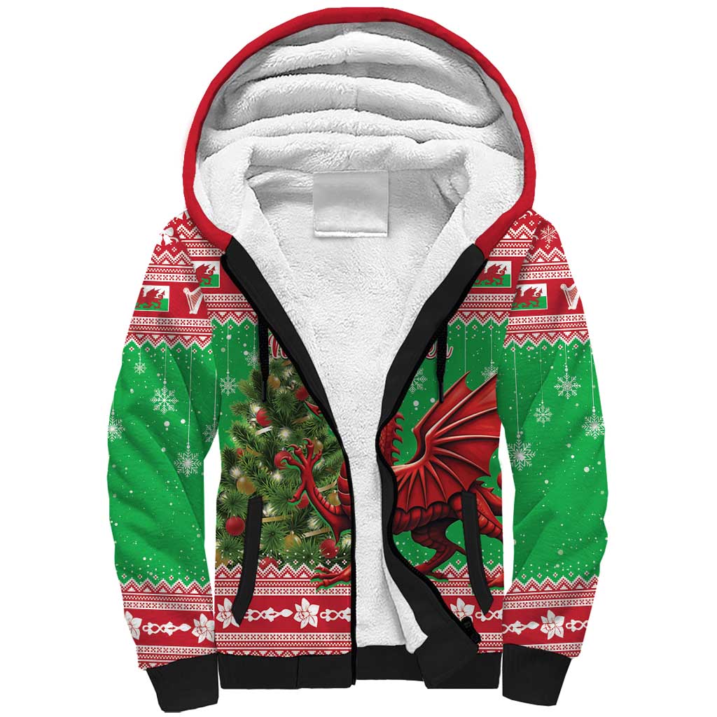 Wales Christmas Sherpa Hoodie Welsh Dragon Nadolig Llawen