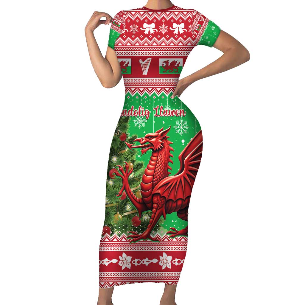 Wales Christmas Short Sleeve Bodycon Dress Welsh Dragon Nadolig Llawen