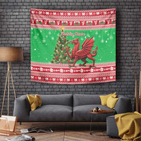 Green Christmas tapestry with red dragon, holly tree and festive snowflake border