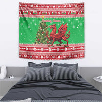 Green holiday tapestry featuring red dragon and potted holly with patterned top band
