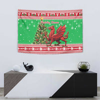Green Christmas tapestry with red dragon and holly in center, framed by decorative border