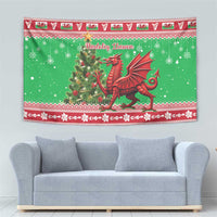 Green holiday tapestry with red dragon, holly branch, and red patterned trim
