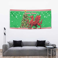 Green Christmas tapestry with red dragon and holly, full scene with festive white snowflakes