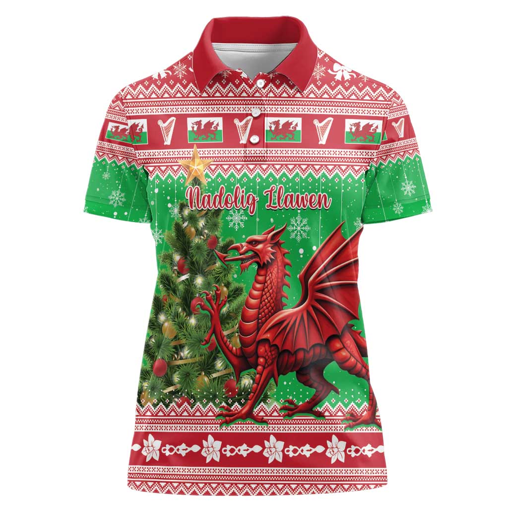 Wales Christmas Women Polo Shirt Welsh Dragon Nadolig Llawen