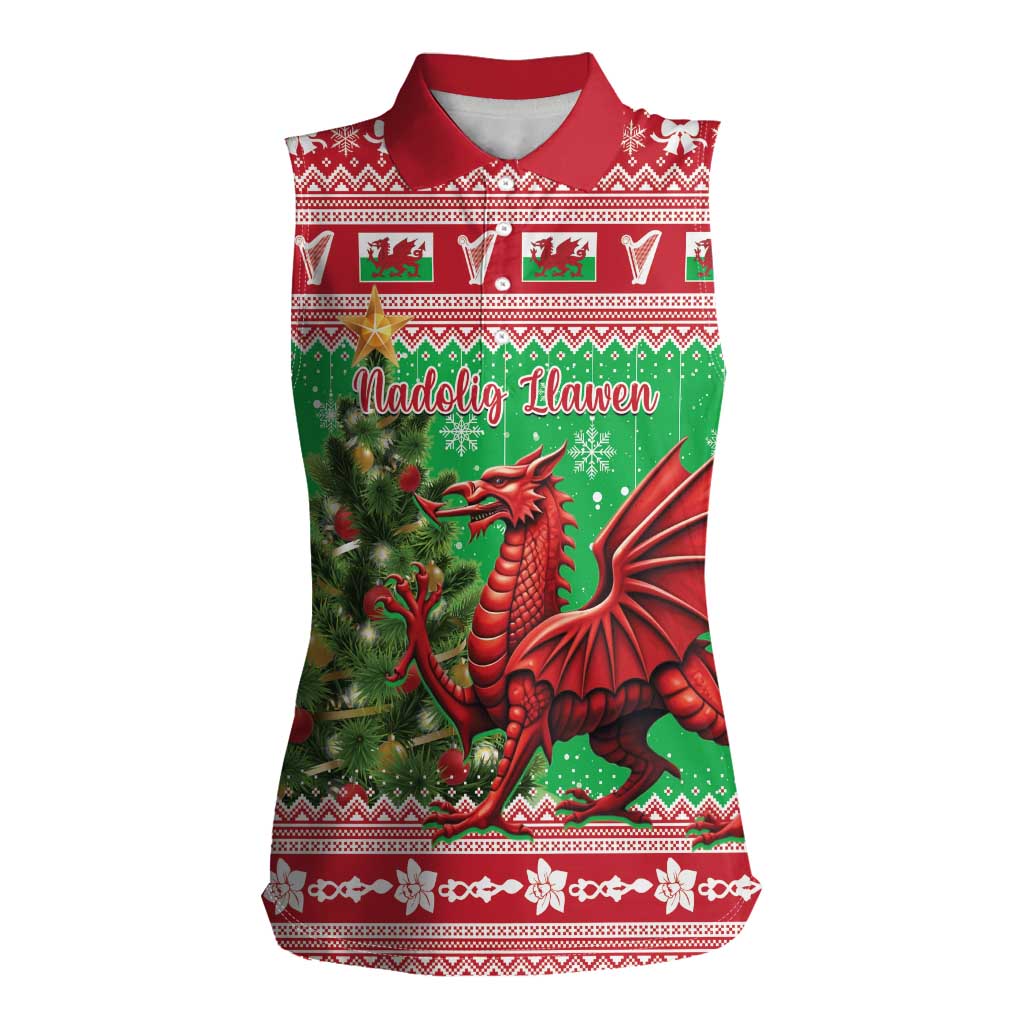 Wales Christmas Women Sleeveless Polo Shirt Welsh Dragon Nadolig Llawen