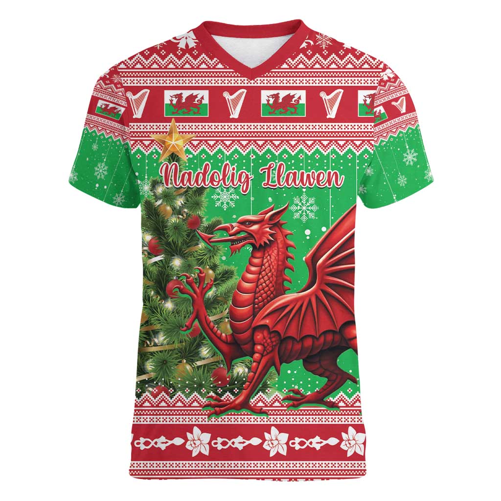 Wales Christmas Women V-Neck T-Shirt Welsh Dragon Nadolig Llawen