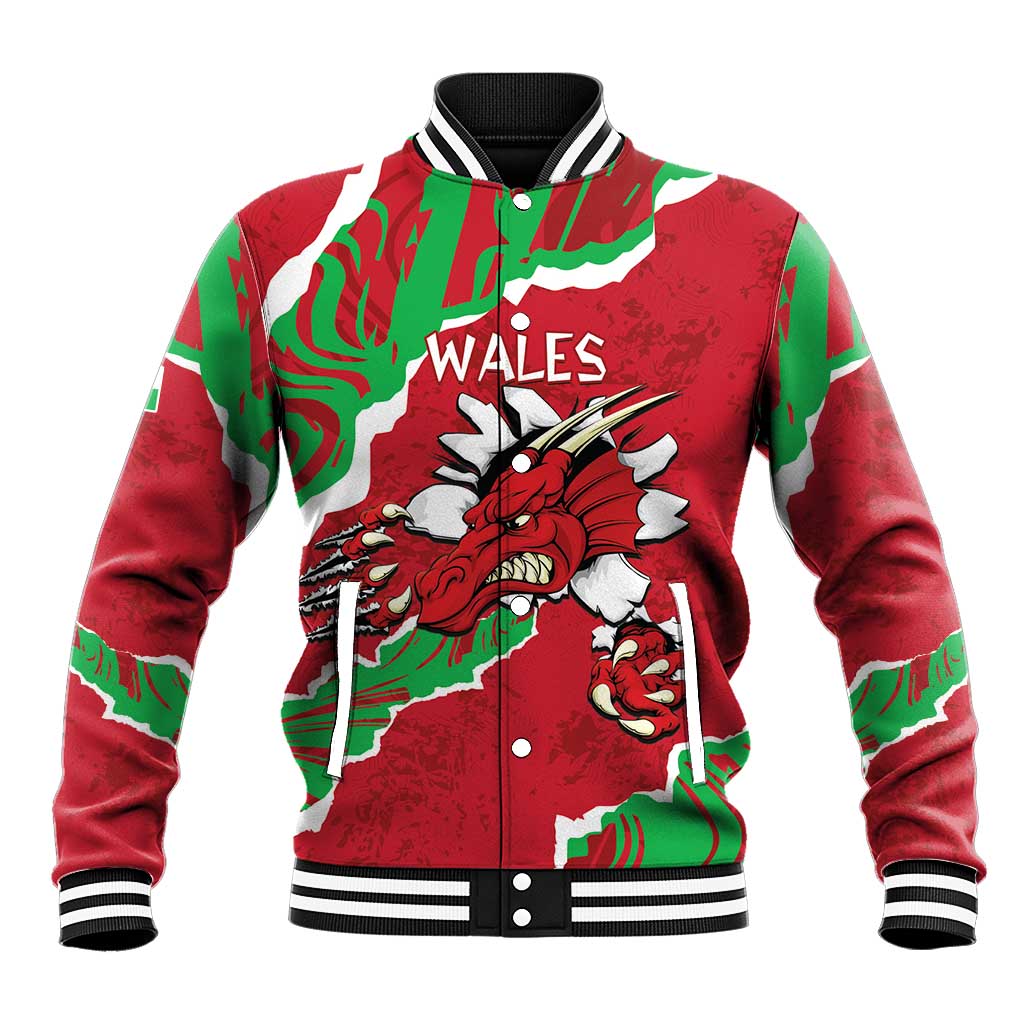 Red baseball jacket with Welsh dragon graphic, white striped collar and button front