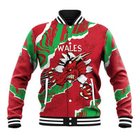 Red baseball jacket with Welsh dragon graphic, white striped collar and button front
