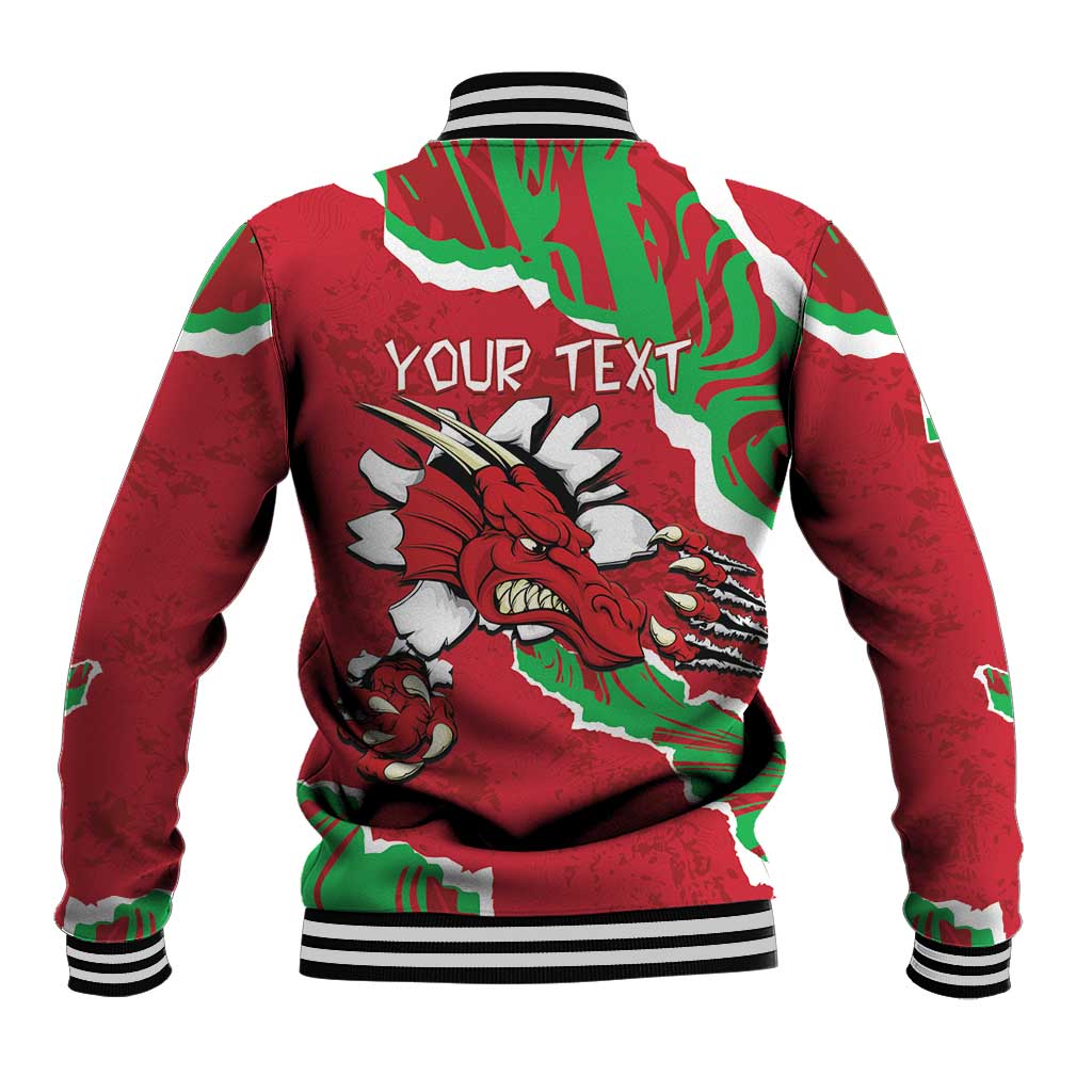 Red baseball jacket with Welsh flag pattern and dragon print, striped ribbed cuffs
