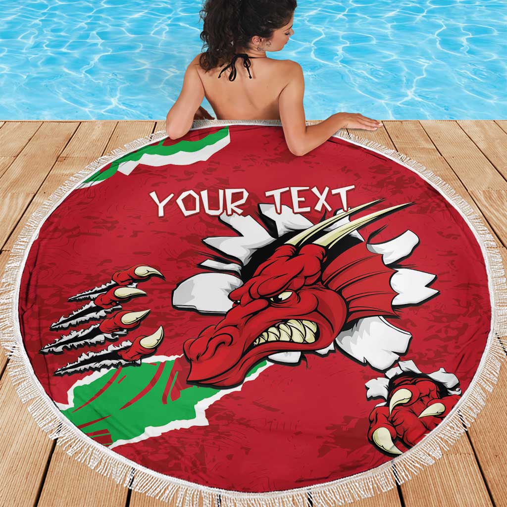 Round red beach blanket with white fringe featuring Welsh dragon and “YOUR TEXT” center.