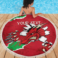Round red beach blanket with white fringe featuring Welsh dragon and “YOUR TEXT” center.