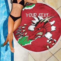 Round red beach blanket with white fringe featuring Welsh dragon and “YOUR TEXT” center.
