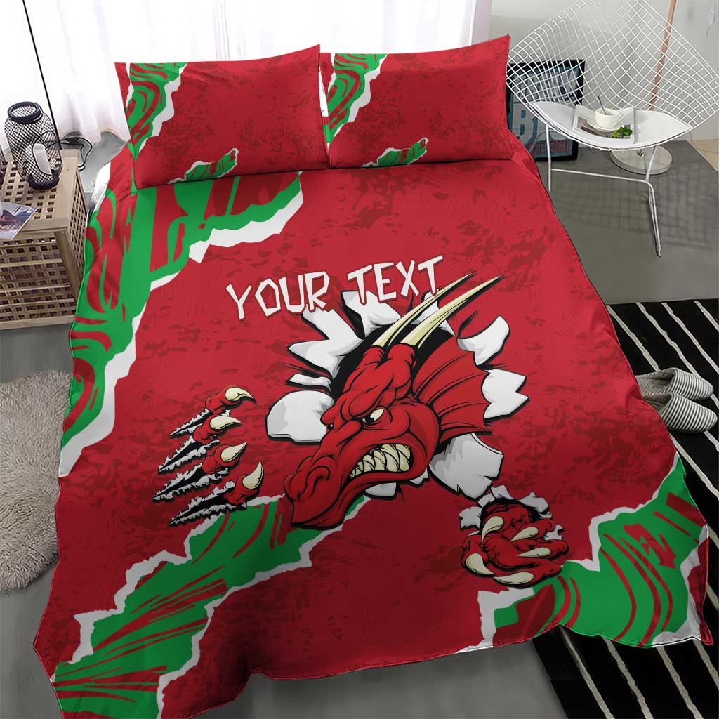 Personalised Wales bedding set with red duvet and pillowcases featuring Welsh dragon and “YOUR TEXT”