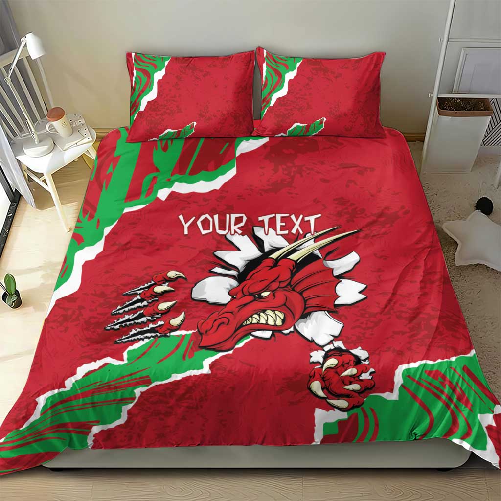 Personalised Wales bedding set with red duvet, Welsh dragon artwork, and green stripe accents