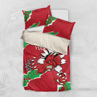 Personalised Wales bedding set with red duvet and two pillowcases featuring Welsh dragon