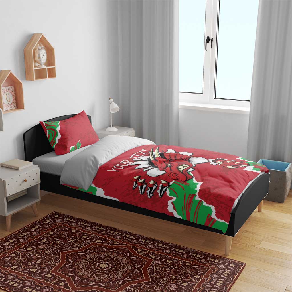 Personalised Wales bedding set with red duvet and pillowcases featuring Welsh dragon and “YOUR TEXT”
