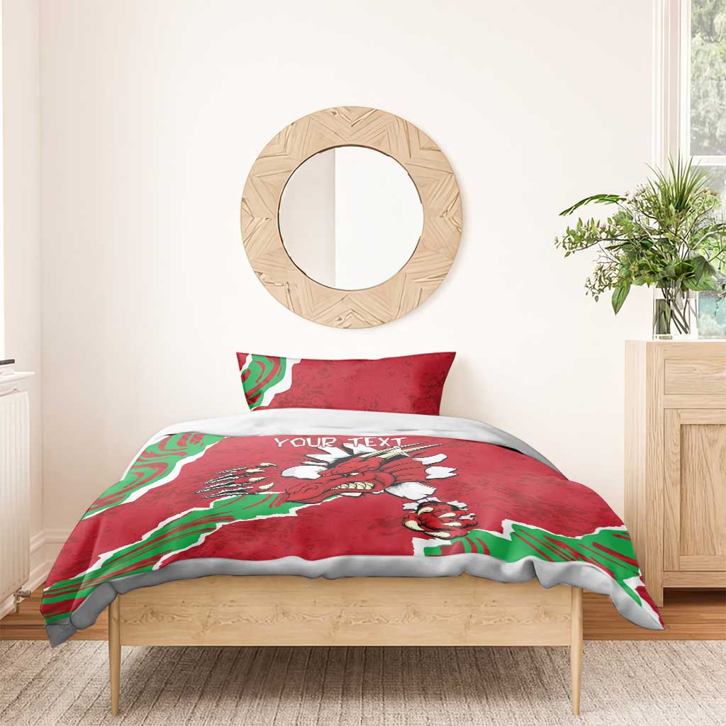 Personalised Wales bedding set with red Welsh dragon duvet, green edge patterns, and two pillowcases