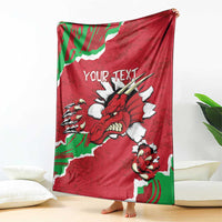 Personalised Wales blanket with red dragon and green-white flag, Your Text centered design