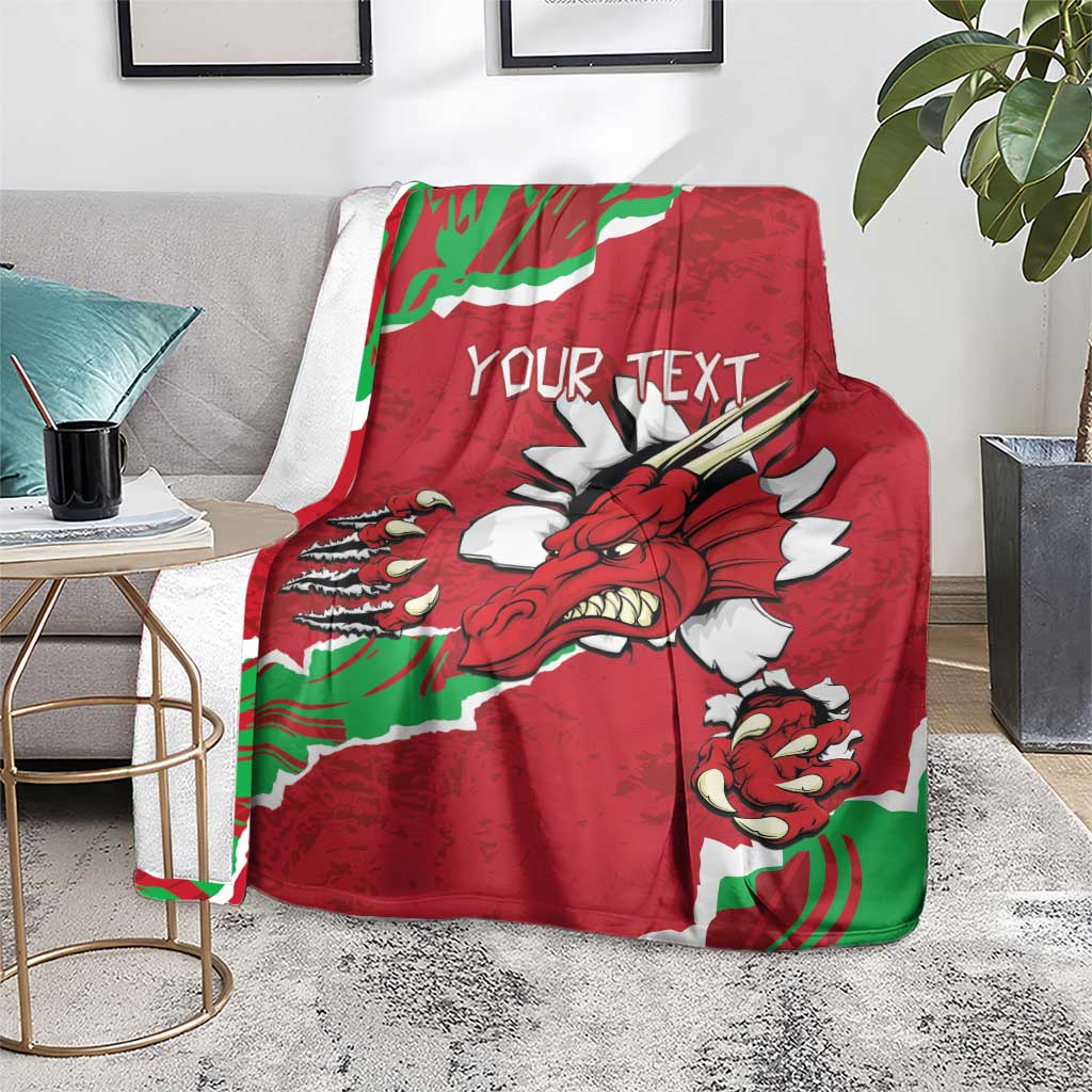 Personalised Wales blanket with red Welsh dragon and green-white flag stripes, Your Text on front