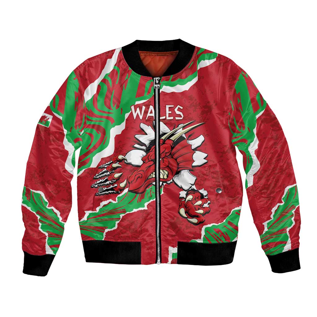 Red zip-up bomber jacket with Welsh dragon and Wales logo, black ribbed collar and cuffs