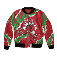 Red zip-up bomber jacket with Welsh dragon and Wales logo, black ribbed collar and cuffs