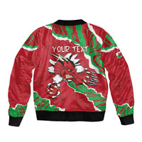 Red bomber jacket with back dragon graphic and "YOUR TEXT" print, black ribbed hem