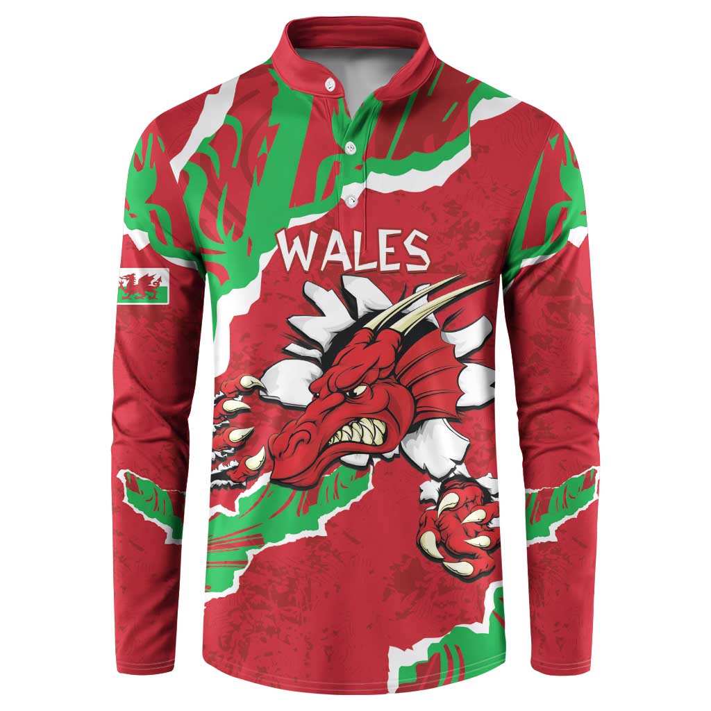 Red button sweatshirt with WALES and Welsh dragon graphic, green-and-white accents
