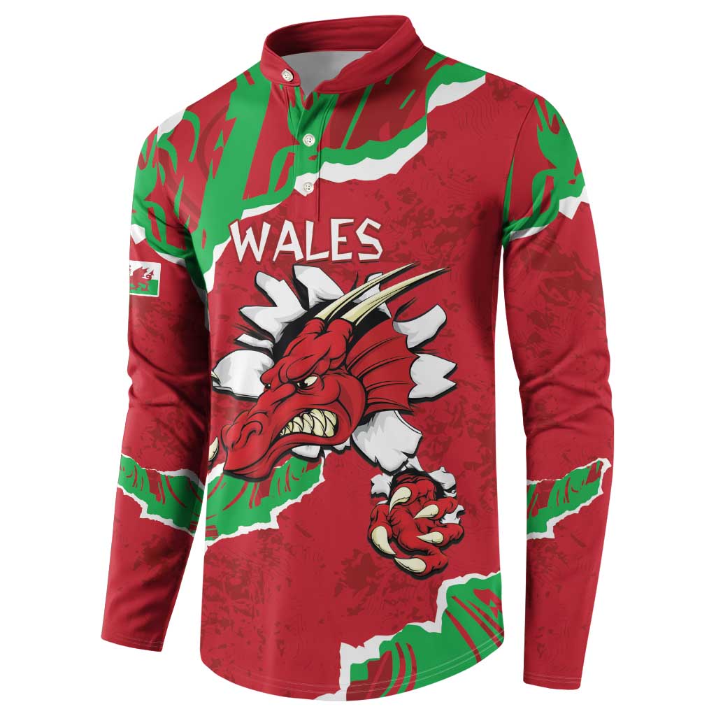 Red button sweatshirt with WALES and Welsh dragon graphic, green-and-white borders