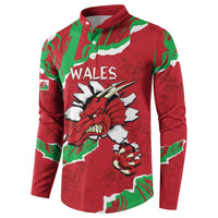 Red button sweatshirt with WALES and Welsh dragon graphic, green-and-white borders