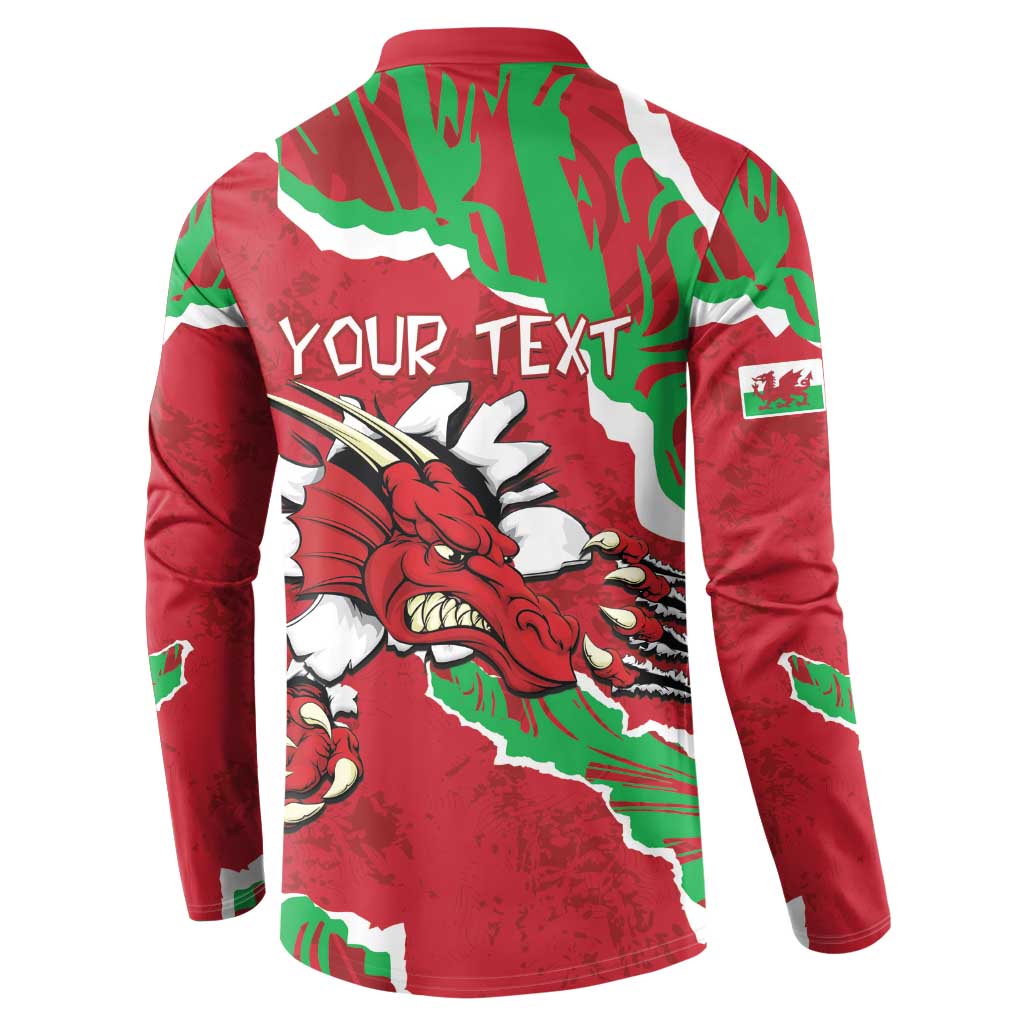 Red Welsh button sweatshirt with dragon graphic; back text 'YOUR TEXT'