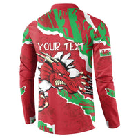 Red Welsh button sweatshirt with dragon graphic; back text 'YOUR TEXT'