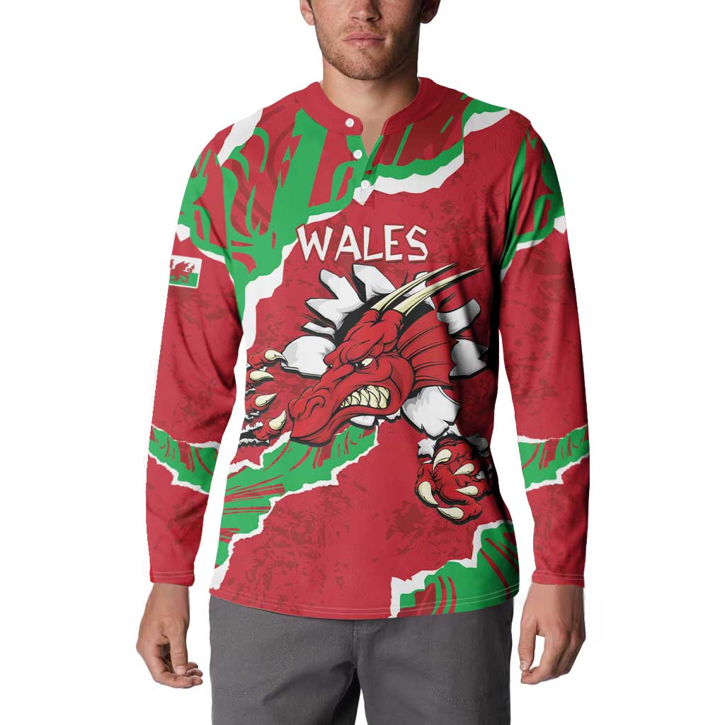Red button sweatshirt with WALES title and Welsh dragon graphic, long sleeves