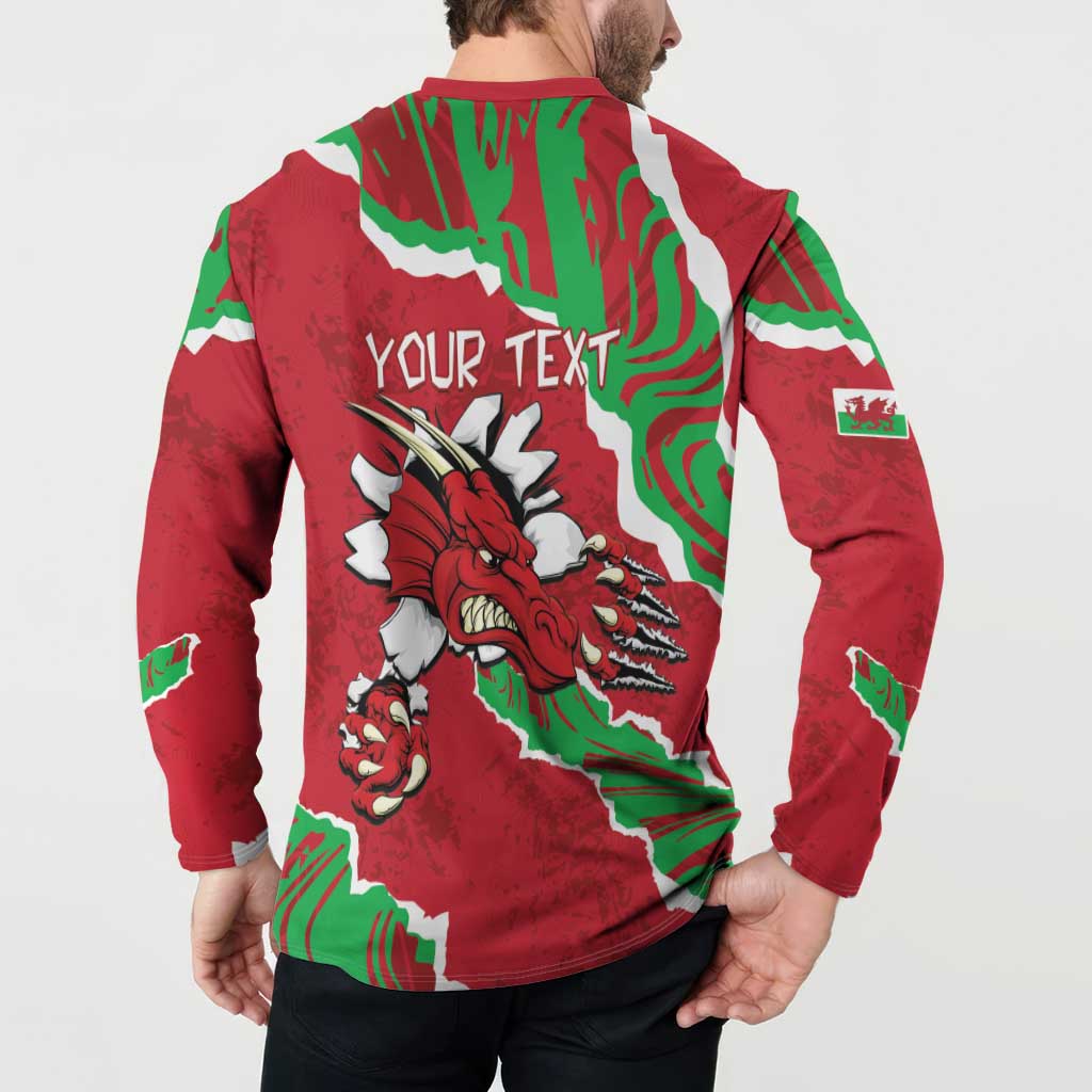 Red button sweatshirt back with Welsh dragon graphic and 'YOUR TEXT'