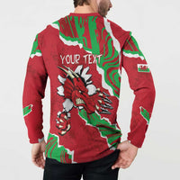 Red button sweatshirt back with Welsh dragon graphic and 'YOUR TEXT'