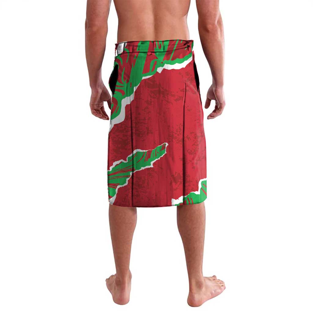 Men's red and green Welsh dragon print board shorts with elastic waistband