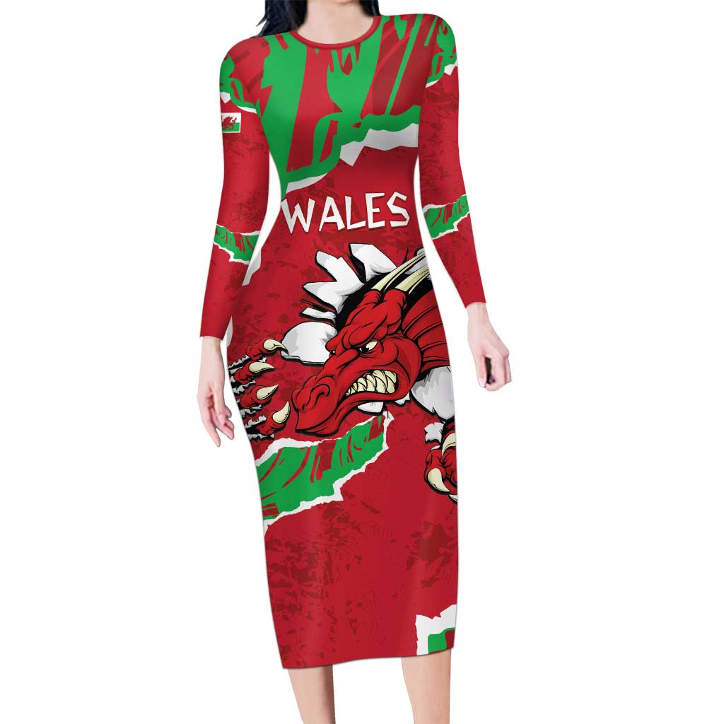 Personalised Wales Long Sleeve Bodycon Dress Welsh Dragon - Wonder Print Shop