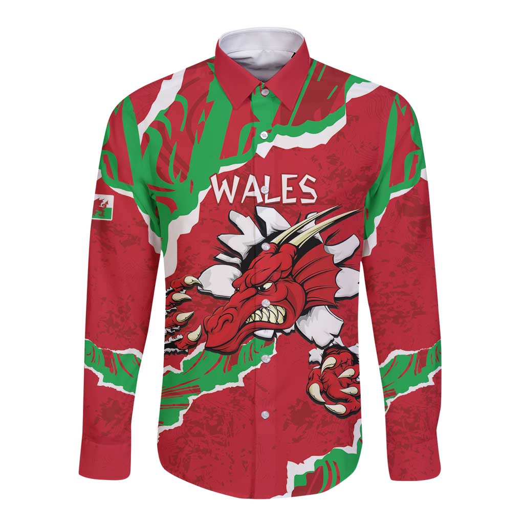 Red long sleeve button shirt with Wales text and Welsh dragon graphic